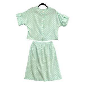VTG Blair Polka Dot 2 Pc Skirt Shirt M Mint Green 80s Boxy Midi Pin-Up 50s USA